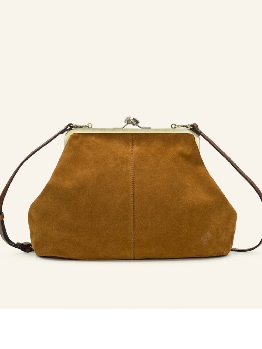 Cognac Suede Frame-Top Shoulder Bag in Cognac With Detachable Crossbody Strap